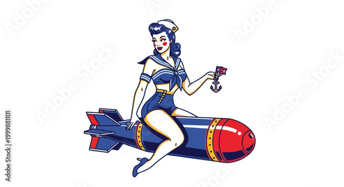 Retro Pin-up Sailor Woman Riding Bomb, Vintage Nautical Style, Nautical Theme
