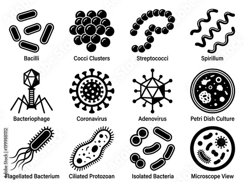 Microbiology Icon Set: Bacteria, Viruses, and Pathogens Vector Illustration