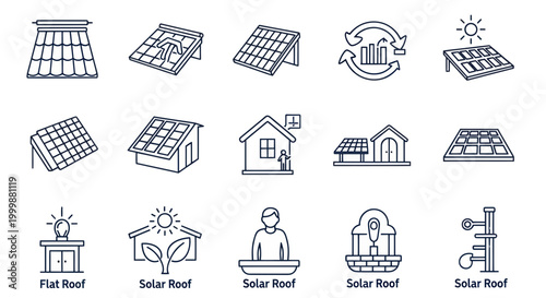Solar Energy Icons: Rooftop Panels, Renewable Power, Sustainable Home