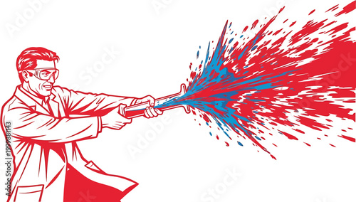 Scientist in lab coat firing a device that sprays red and blue liquids, symbolizing a chemical experiment or a fictional scientific weapon