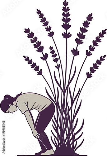 A person experiences a moment of physical discomfort next to a fragrant lavender plant, suggesting natural remedies and holistic wellness through botanical healing