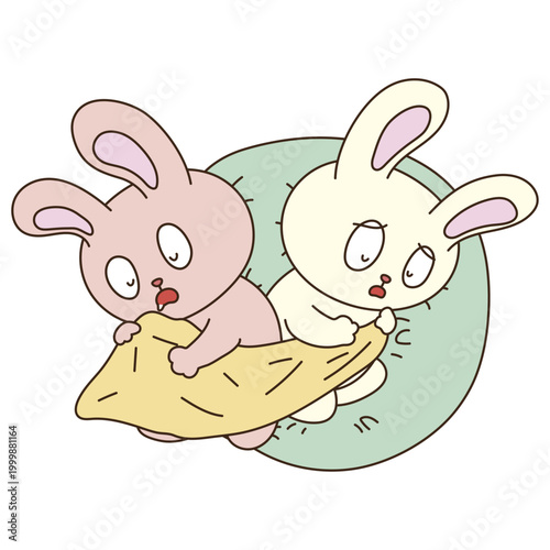 眠りながら毛布を取り合うウサギのキャラクターたち