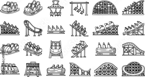 Amusement Park Roller Coaster Rides Line Art Icons Set. Outline Thrill Rides, Funfair Attractions, and Entertainment Park Carriages Vector Collection