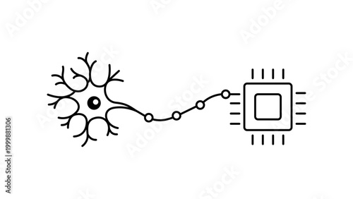 Neurotechnology and artificial intelligence concept vector icon featuring a minimalist black line illustration of a biological neuron connecting to a computer microchip with editable stroke.