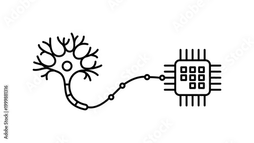 Neurotechnology Concept Vector Icon with Editable Stroke: Minimalist Black Line Illustration of a Biological Neuron Connecting to a Computer Chip, Representing Brain-Computer Interface and AI.