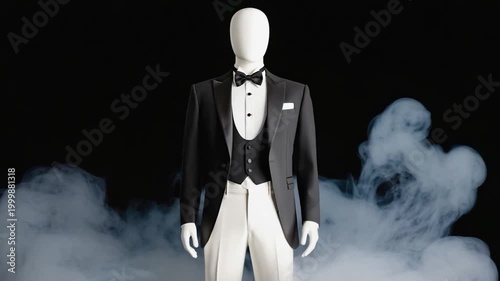 Elegant Mannequin in a Tuxedo with a Bow Tie and Smoke Effect
