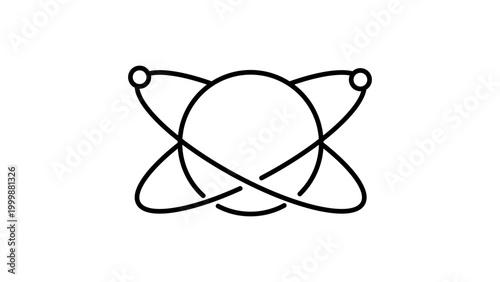 Quantum Qubit Minimalist Black Line Vector Icon on White Background Representing an Abstract Sphere with Orbits, Editable Stroke Illustration for Science, Technology, and Quantum Physics Design.