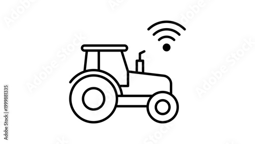 Smart Agriculture Vector Icon: A minimalist black line illustration of an autonomous tractor with a wireless signal symbol, featuring an editable stroke for customizable line weight on white.