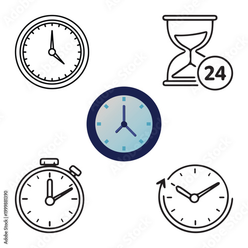 Clock icon set vector with multiple timepieces including analog and modern styles for web and app design