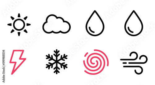 Weather icons sun cloud rain storm, minimal climate condition icon pack, bright and simple vector graphics showing sunny, cloudy, rainy, and stormy weather for forecasting applications 