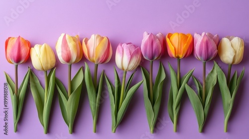 Colorful tulips in a horizontal row against a vibrant purple background