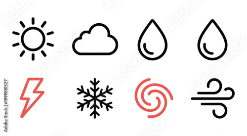 Weather icons sun cloud rain storm, modern seasonal forecast symbol set, clean flat vector illustration collection for mobile apps, websites