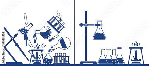Scientific laboratory illustration with glassware, chemicals, and heating elements on a white background