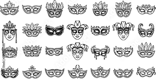 Hand-Drawn Black and White Line Art Set of Masquerade and Carnival Masks. Outline Illustrations for Festive Celebrations, Mystery Parties, and Events.