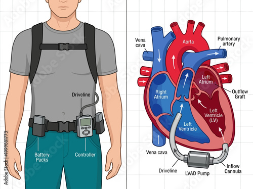 Medical Diagram of Left Ventricular Assist Device (LVAD) Showing External Controller, Battery Packs and Internal Heart Pump Anatomy