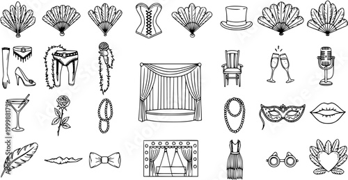 Black and White Line Art Burlesque and Cabaret Icons Set - Vintage Roaring Twenties Entertainment Elements Collection