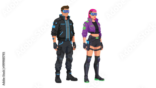 Futuristic Cyberpunk Characters with Tech Visors. Male and female avatars in modern outfits, ideal for gaming and metaverse concepts.