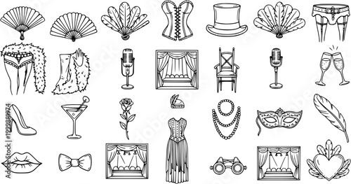 Burlesque Cabaret Vintage Show Line Art Icons Set. Hand Drawn Black and White Outline Elements for Retro Entertainment, Theater, and Fashion Design