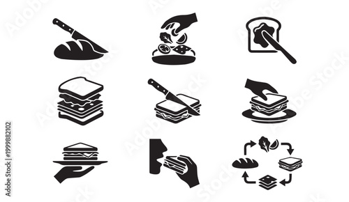 Sandwich making icons depicting bread ingredients and preparation steps