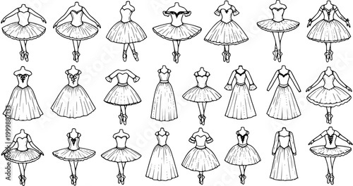 Ballet Dance Industry Black and White Line Art Collection of Ballerina Dresses, Tutus, and Costumes with various Poses. Hand-drawn fashion sketch asset.