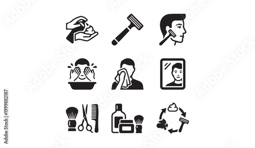 Men grooming and shaving routine icons for daily care with grooming, scissors