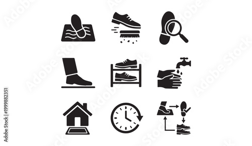 Set of black shoe care and maintenance service icons with cleaning, maintenance