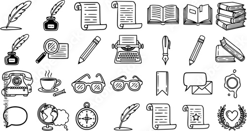 Vintage Writing and Communication Icons: Quill, Ink, Typewriter, Books, Phone, Globe, Compass