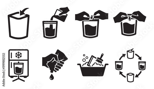 Set of pouch bag packaging usage and handling instruction icons with packaging