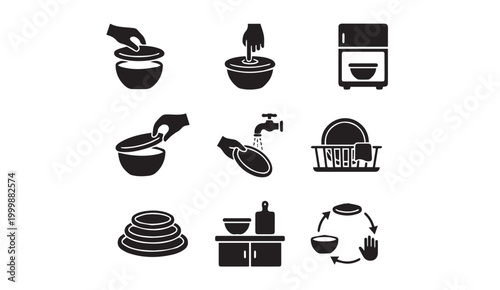 Icon set showing bowl usage maintenance and dishware care with instruction