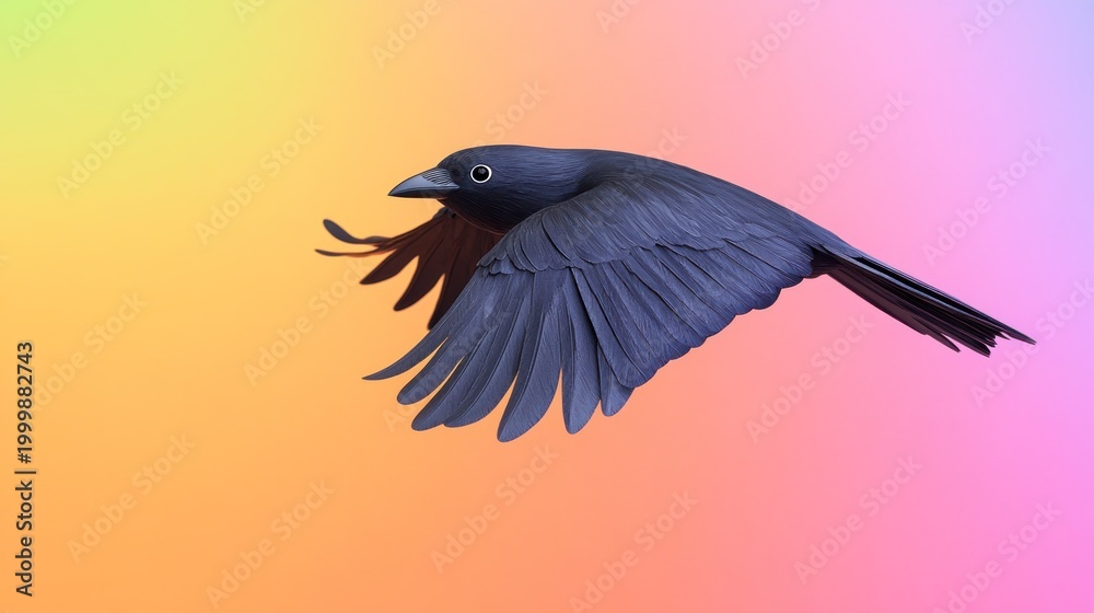 Fototapeta premium Dark bird in flight against a colorful gradient