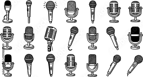 Hand Drawn Microphones Collection. Black and White Line Art Sketch Icons for Audio, Broadcasting, Music, Podcasting, and Communication Devices.