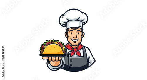 Smiling Chef Holding Delicious Taco on a Plate, Food Service Icon