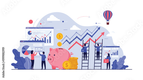 Modern business and finance illustration with people analyzing data graphs a piggy bank and coins for investment and growth themes.