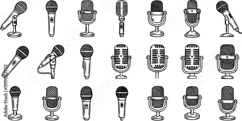 Hand Drawn Black and White Line Art Microphones Vector Set for Music, Audio, Broadcasting, and Podcast Industries. Sketch Mics Collection.