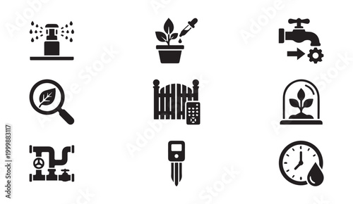 Gardening and irrigation system automation icons with smart garden