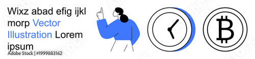 Time management, cryptocurrency, blockchain, fintech, digital economy, efficiency. A person pointing to symbols, including a clock and Bitcoin logo. Time management and cryptocurrency concept
