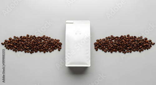 Kemasan kopi putih polos dengan biji kopi panggang di sisi kanan dan kiri untuk mockup desain branding produk minuman yang minimalis dan elegan.