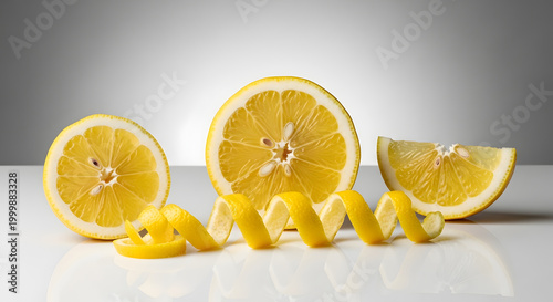Potongan buah lemon segar dan kulit lemon melingkar di atas permukaan putih mengkilap dengan pencahayaan studio yang cerah dan estetika modern.