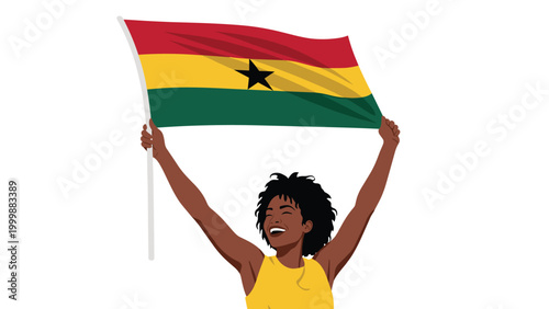 Proud African American woman smiling and holding the national flag of Ghana high above her head in a festive celebration.