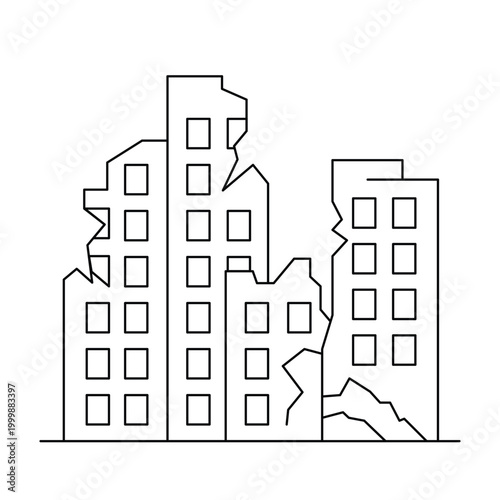 Damaged and ruined city buildings after disaster.Editable stroke, Vector illustration, Line art Icon, Symbols.