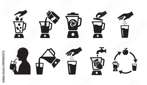 Food and beverage preparation process icons with preparation beverage smoothie