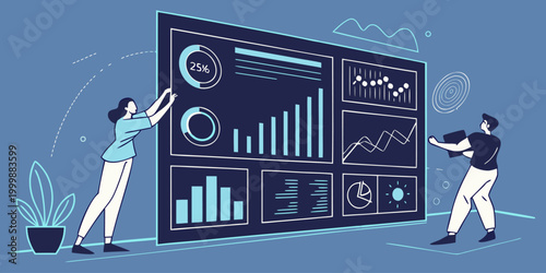 Digital performance dashboard with data visualization tools and KPI metrics, modern analytics interface vector.