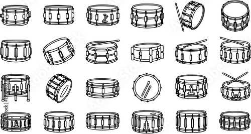 Black and White Line Art Icons of Various Drums and Drumsticks, Music Symbol