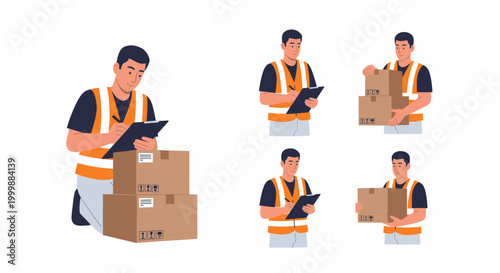 Illustrations of a male logistics worker in a safety vest checking and handling cardboard packages for delivery or warehouse operations.