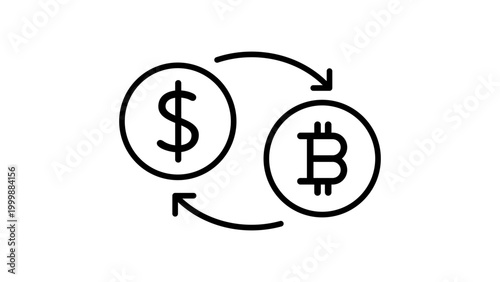 Tableau sur toile Minimalist Black Line Vector Icon of Currency Exchange Between US Dollar and Bitcoin with Circular Arrows, Editable Stroke Illustration for Crypto Trading and Finance Concepts