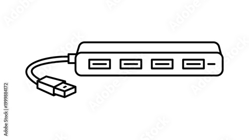 Foto USB Hub Vector Icon with Four Ports and Cable, Minimalist Black Line Illustration with Editable Stroke for Technology and Computer Hardware Design, Clean Outline Graphic on White Background