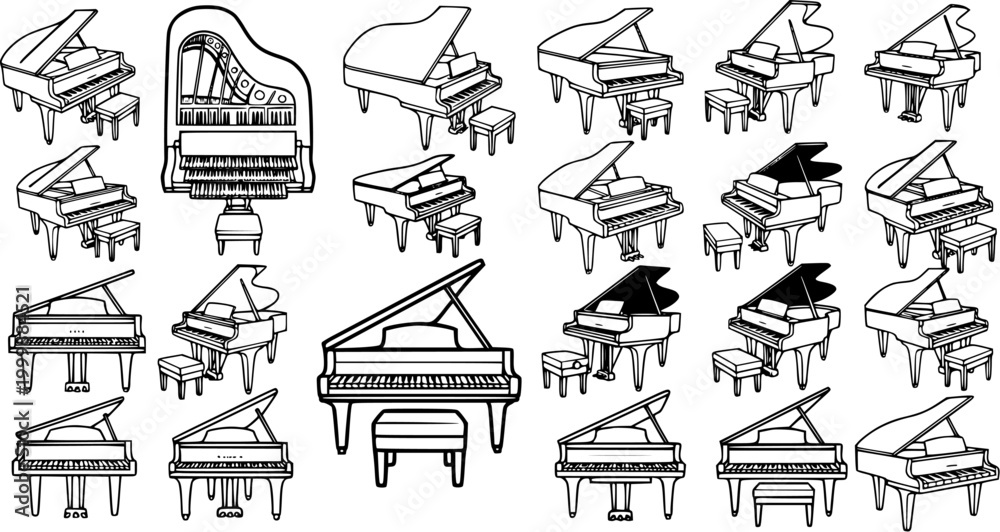 Fototapeta premium Music Instruments Black and White Line Art Vector Collection of Grand Pianos with Benches for Music, Art, and Entertainment Industry Concepts