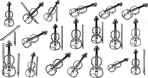 Hand-drawn Black and White Line Art Violins and Bows Vector Collection for Music, Art, and Entertainment Industry Designs