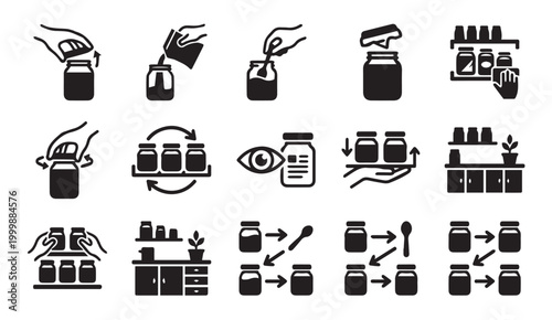 Jar storage and food handling procedure icons with handling container isolated