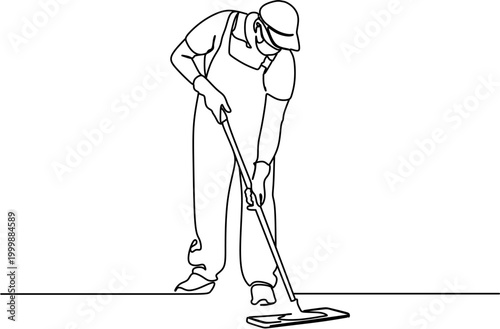 Continuous line drawing of professional janitor mopping the floor in uniform